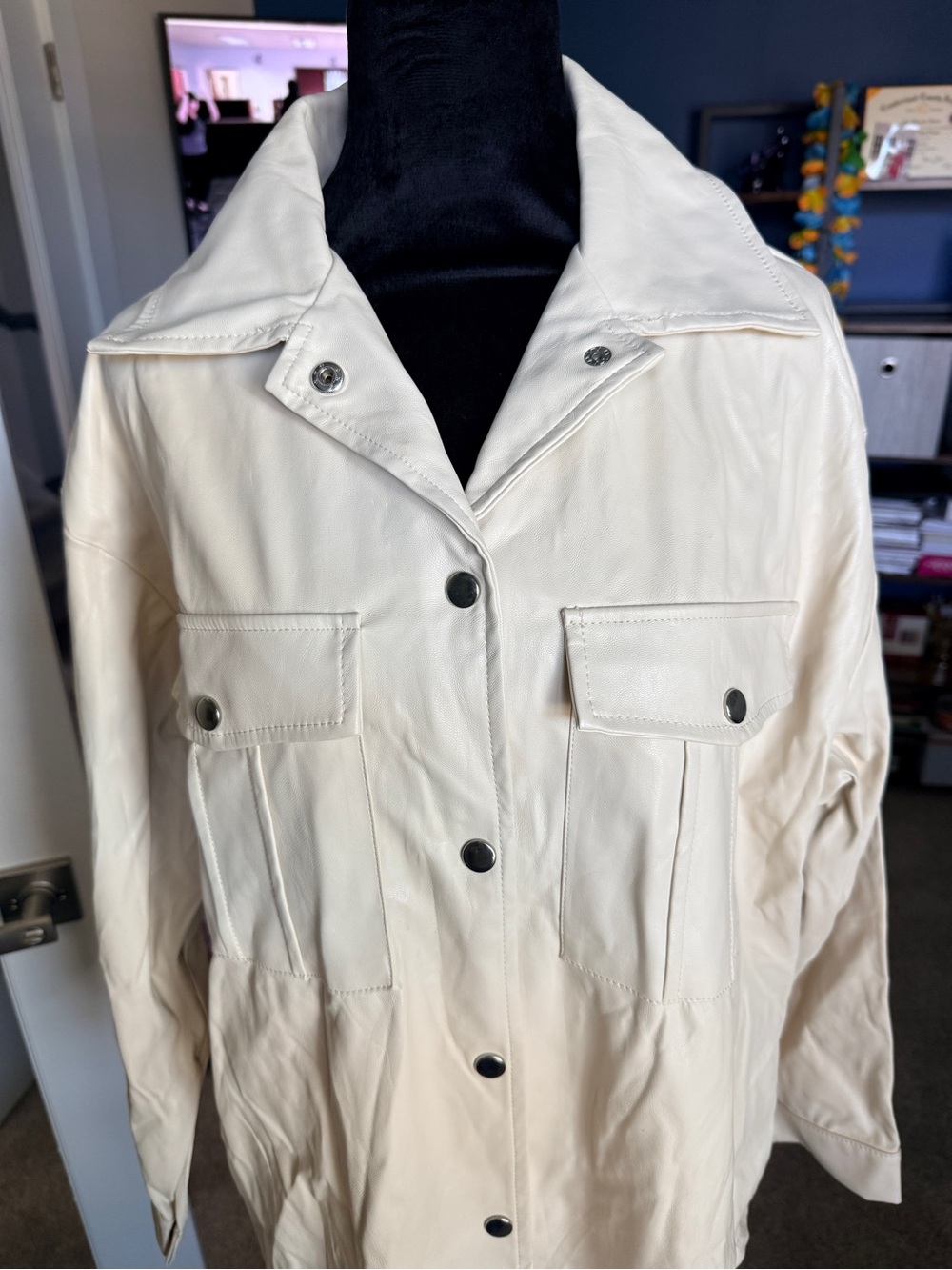 Shinestar unisex Cream Button-Front faux Leather shirt jacket
